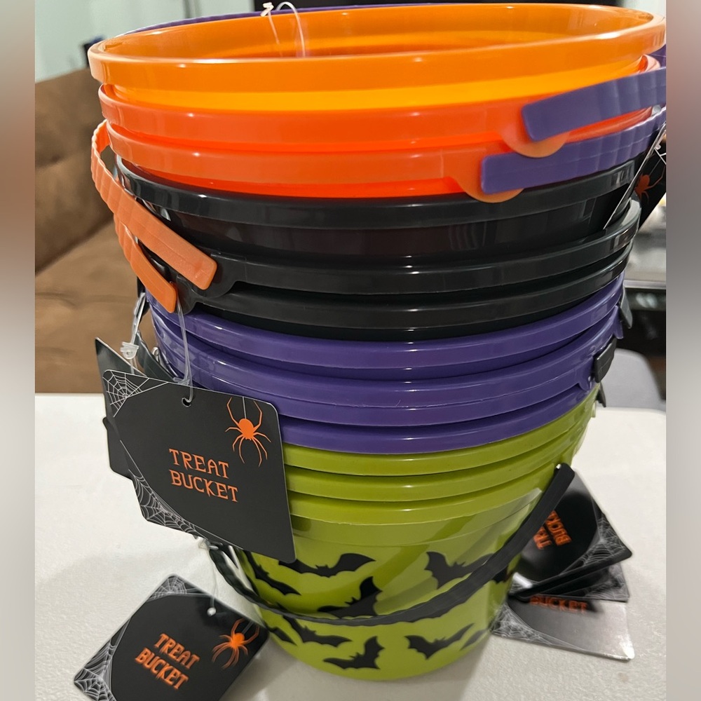 2 Halloween Trick or Treat Candy Buckets- Orange, Black, Purple,  Green colorful